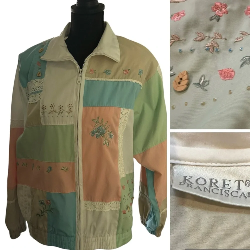 Koret Jacket Patchwork Pink Green Lace Trim